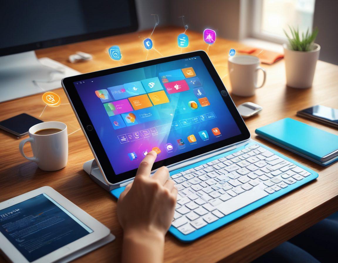 An open digital tablet displaying a colorful and interactive digital catalog filled with diverse products, surrounded by floating icons representing sharing and management tools. A person is shown happily engaging with the tablet, with a vibrant office background to inspire productivity and creativity. Bright light rays illuminating the scene to signify the power of technology. vector art. vibrant colors. 3D.