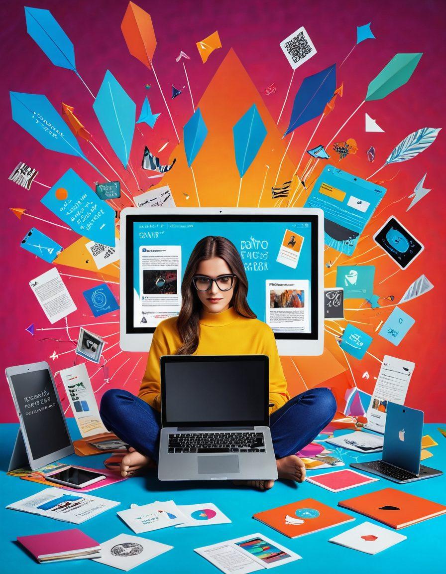 A dynamic composition showcasing a blogger enthusiastically sharing content on various digital platforms like blogs, social media, and e-commerce displays. Include elements like a laptop, smartphone, and tablet featuring eye-catching graphics of blog posts and product showcases. Vibrant arrows connecting each device, symbolizing seamless content sharing. Bright, engaging colors that convey energy and creativity. surrealism. vibrant colors.