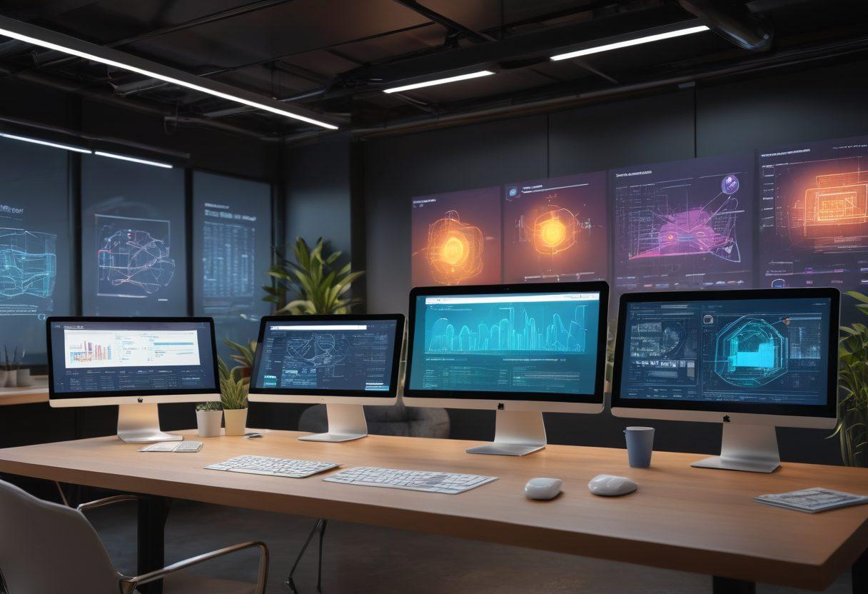 A sleek digital workspace showcasing a vibrant e-catalog interface, with flowing graphs and inventory analytics on multiple screens. Highlight innovative product tags with QR codes, and a diverse team collaborating around a table, brainstorming. Incorporate elements of modern technology like augmented reality in the background. super-realistic. vibrant colors. digital art.
